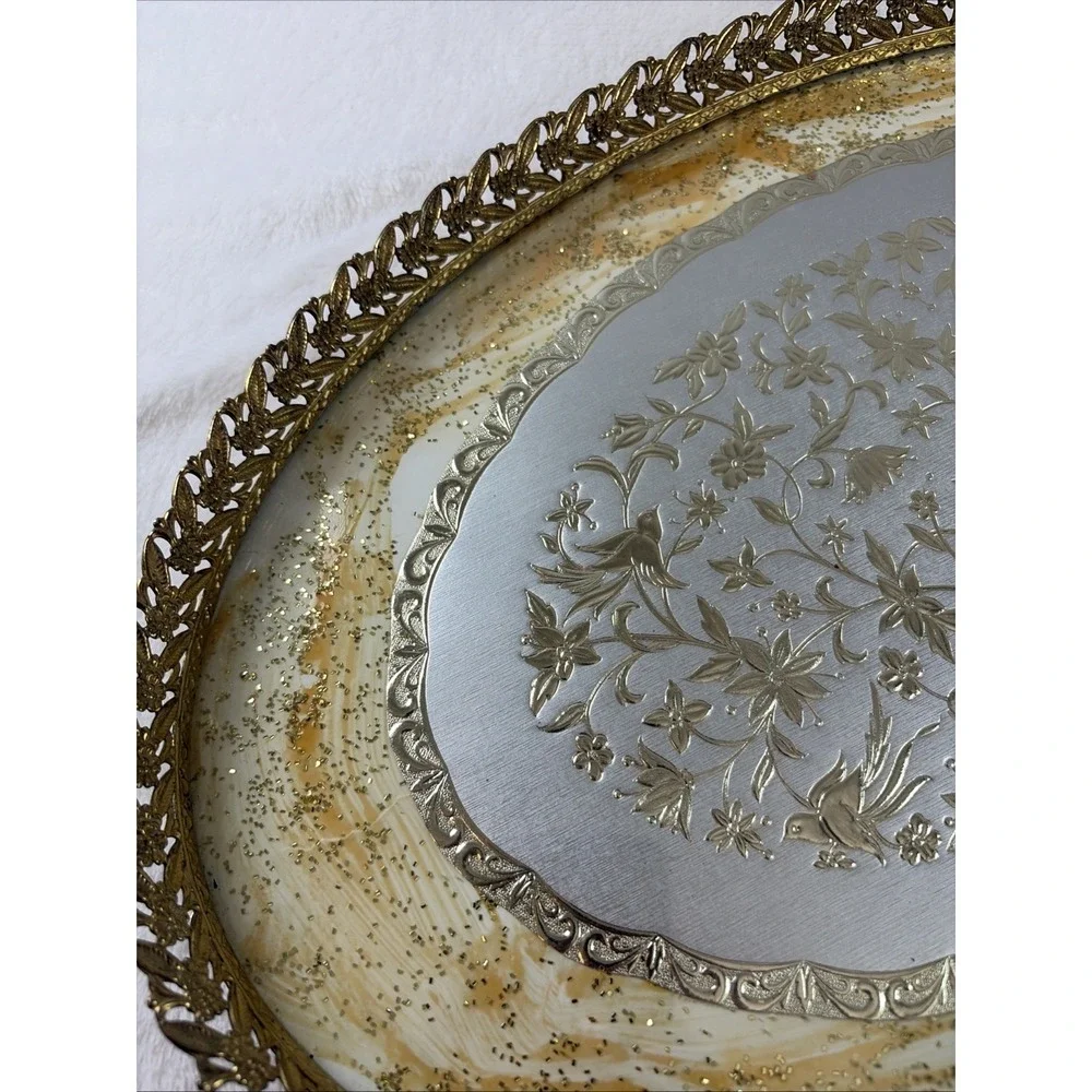 VTG 60s MCM HOLLYWOOD REGENCY GLASS & BIRD FLORAL FILIGREE ORMOLU VANITY TRAY
